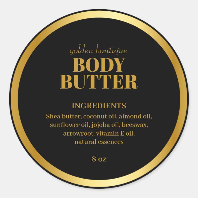 Modern Spa Product Ingredients Black Gold Classic Round Sticker (Front)