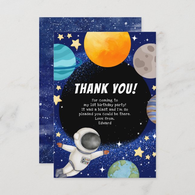 Modern Space Birthday Party Thank You Card (Front/Back)