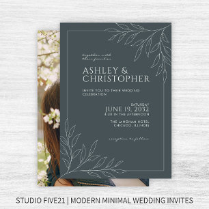 Modern Space Grey Foliage Outline Photo Wedding Invitation