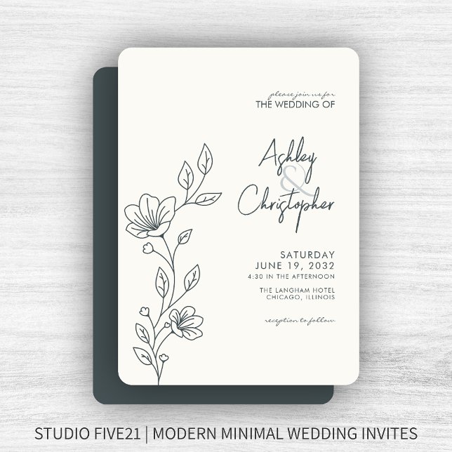 Modern Space Grey Foliage Outline Wedding Invitation (Creator Uploaded)