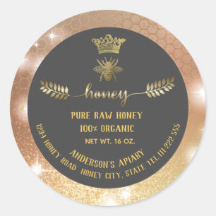 Modern sparkle gold bee crown honeycomb honey jar classic round sticker