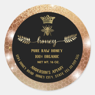 Modern sparkle gold bee crown honeycomb honey jar classic round sticker