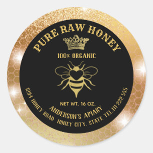 Modern sparkle gold queen bee honeycomb honey jar classic round sticker