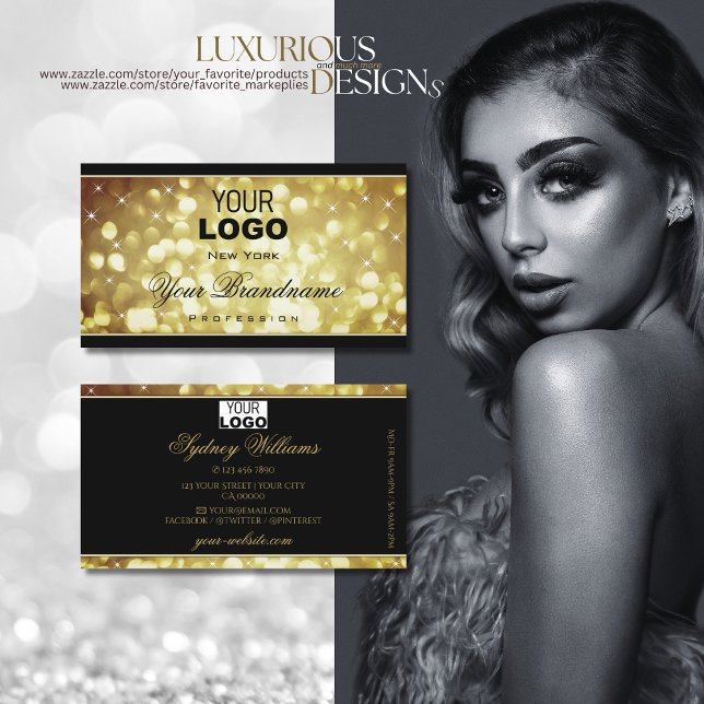 Modern Sparkle Golden Glitter Stars and Logo Black Business Card (Creator Uploaded)