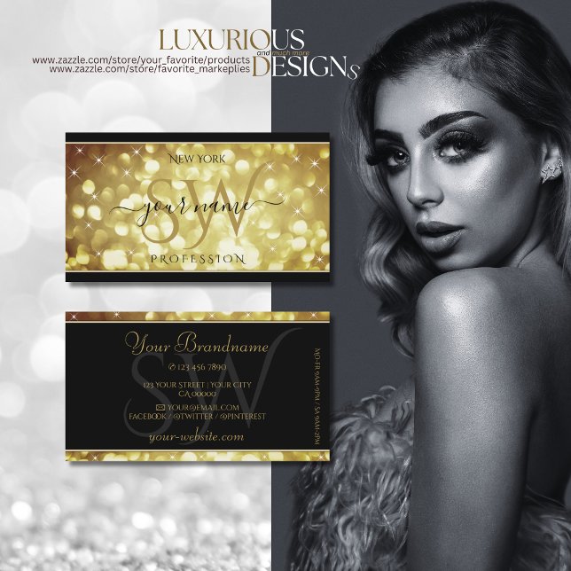 Modern Sparkle Golden Glitter Stars Initials Black Business Card (Creator Uploaded)