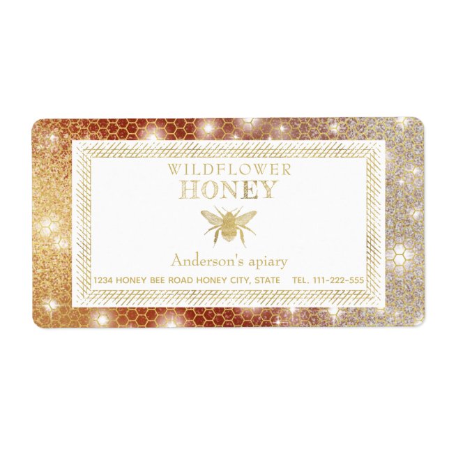 Modern sparkle honey comb gold bee honey jar label (Front)