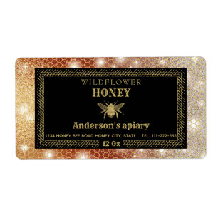 Modern sparkle honeycomb gold bee honey jar label