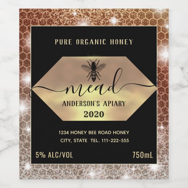 Modern sparkle honeycomb mead honey bee wine label (Single Label)