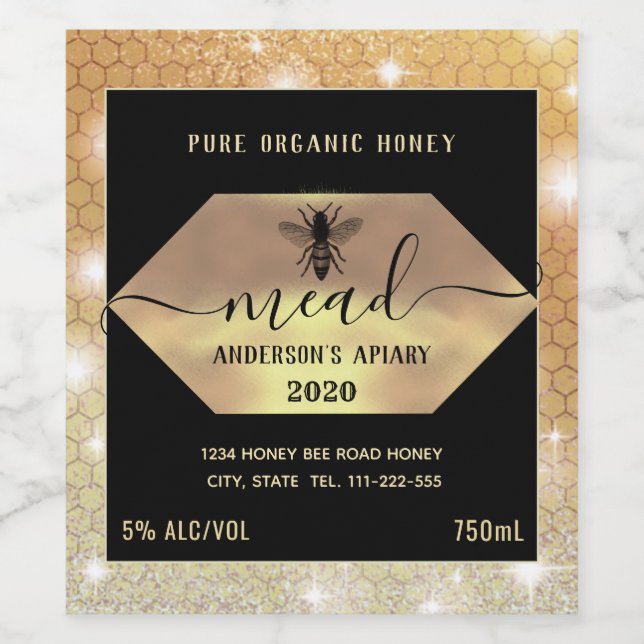 Modern sparkle honeycomb mead honey bee wine label (Single Label)