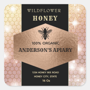 Modern  sparkle rose gold bee honey jar label