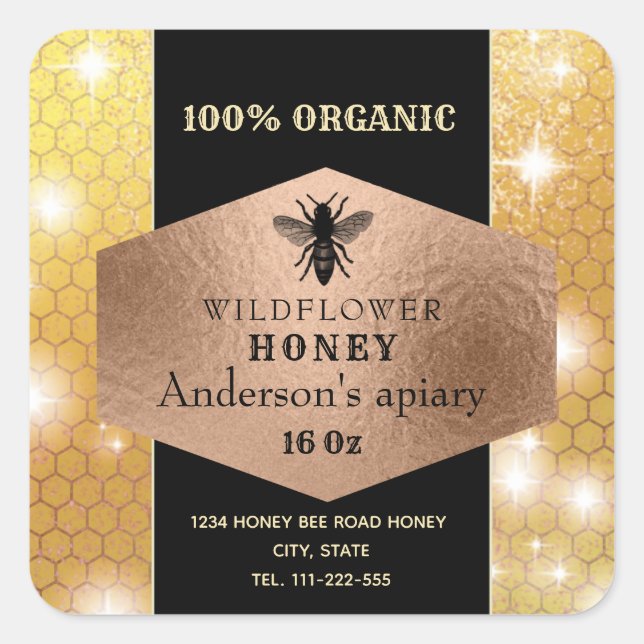 Modern  sparkle rosegold bee honey jar label (Front)