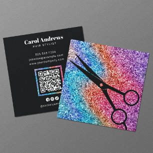 Modern Sparkle Scissor Black Hair Salon QR Code Square Business Card