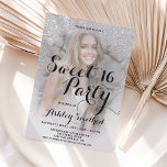 Modern sparkle silver glitter ombre photo Sweet 16 Invitation<br><div class="desc">A modern,  pretty faux sparkles glitter shower ombre with grey colour block Sweet 16 birthday party invitation with your custom photo with silver ombre pattern fading onto a grey background.</div>