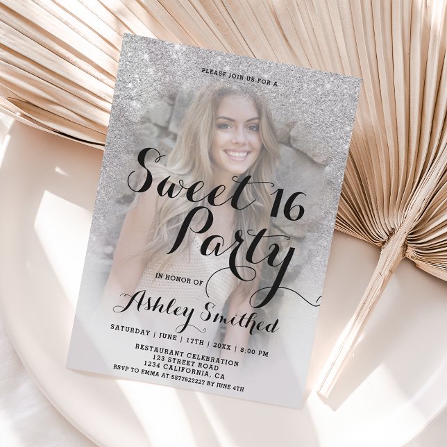 Modern sparkle silver glitter ombre photo Sweet 16 Invitation (Creator Uploaded)