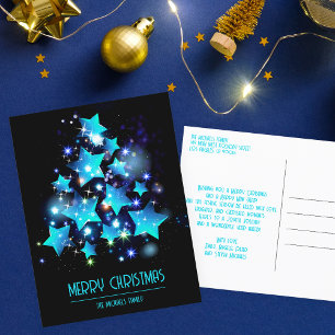 Modern Sparkling Blue Star Christmas Tree Holiday Postcard