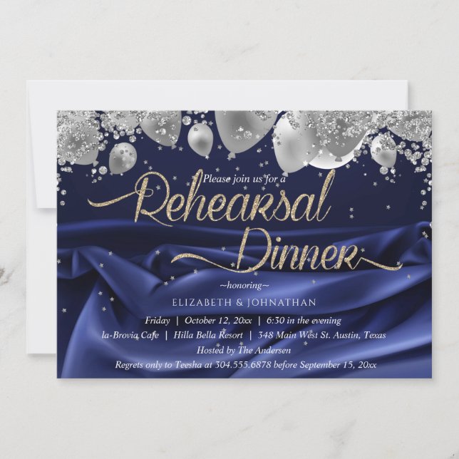 Modern Sparkly Royal Navy Minimal Rehearsal Dinner Invitation (Front)