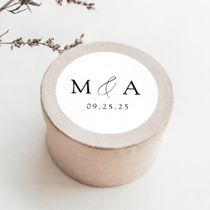 Modern Speckled Black and White Monogram Wedding Classic Round Sticker