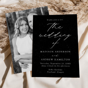 Modern Speckled Black and White Photo Wedding Invitation