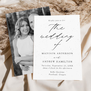 Modern Speckled Black and White Photo Wedding Invitation