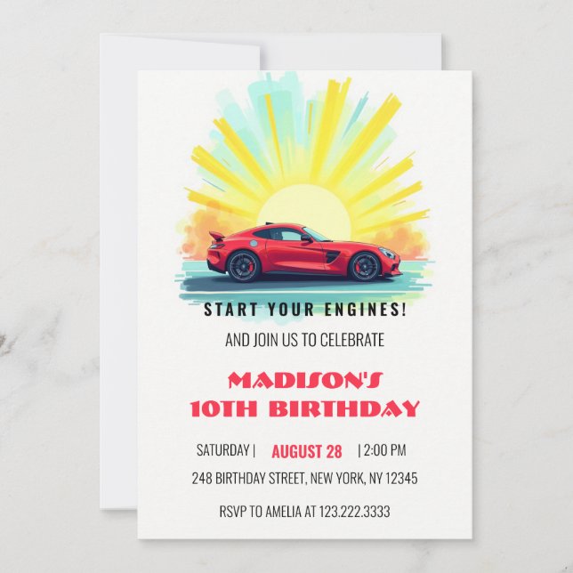 Modern Speed Racing Red Sport Car Birthday Invitation (Front)