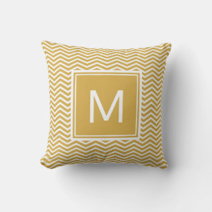 Modern Spicy Mustard Yellow Chevrons and Monogram Cushion