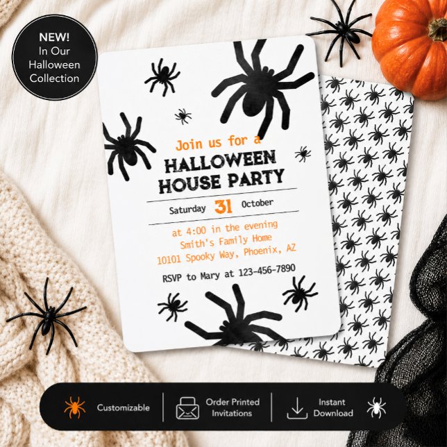 Modern Spider Halloween Party Invitation (Modern spider Halloween invitation with printed and instant download options for spooky celebrations)