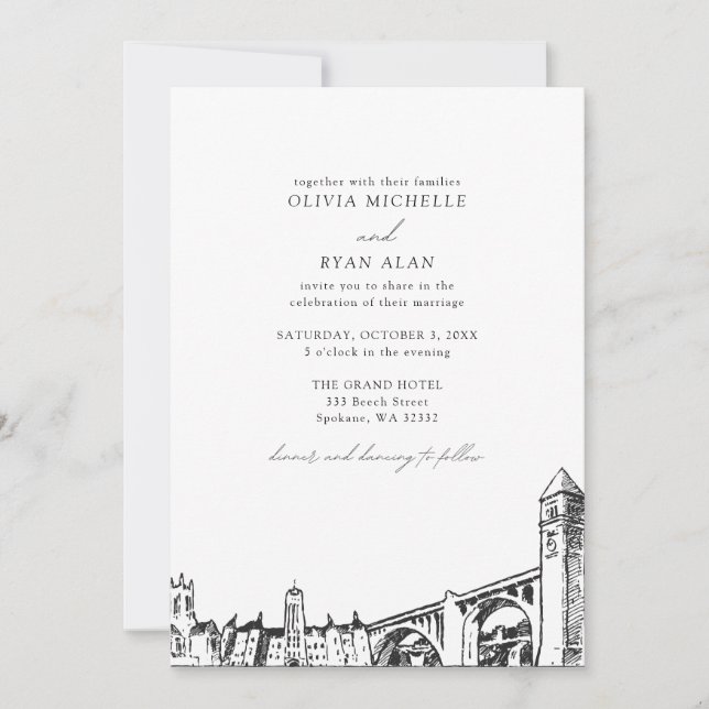 Modern Spokane Skyline Black & White Wedding Invitation (Front)