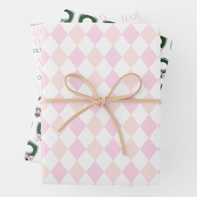 Modern Sports Girls Pink Golf Happy Birthday Wrapping Paper Sheet (In situ)