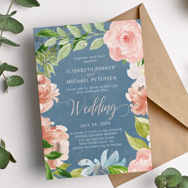 Modern spring dusty blue and orange floral wedding invitation (Creator Uploaded)
