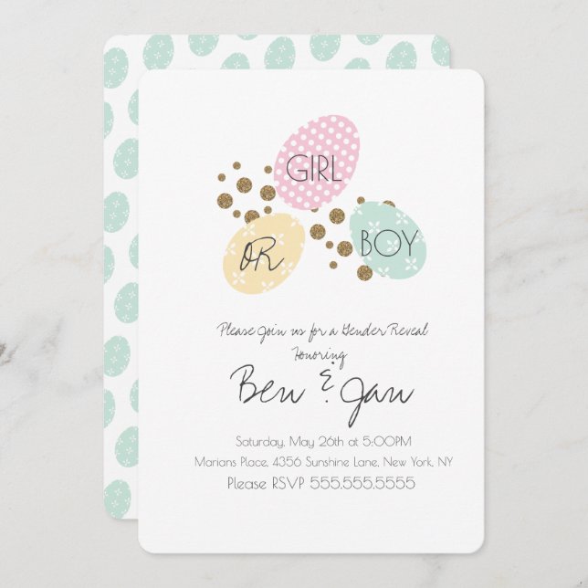 Modern Spring Eggs Gender Reveal Boy or Girl Invitation (Front/Back)