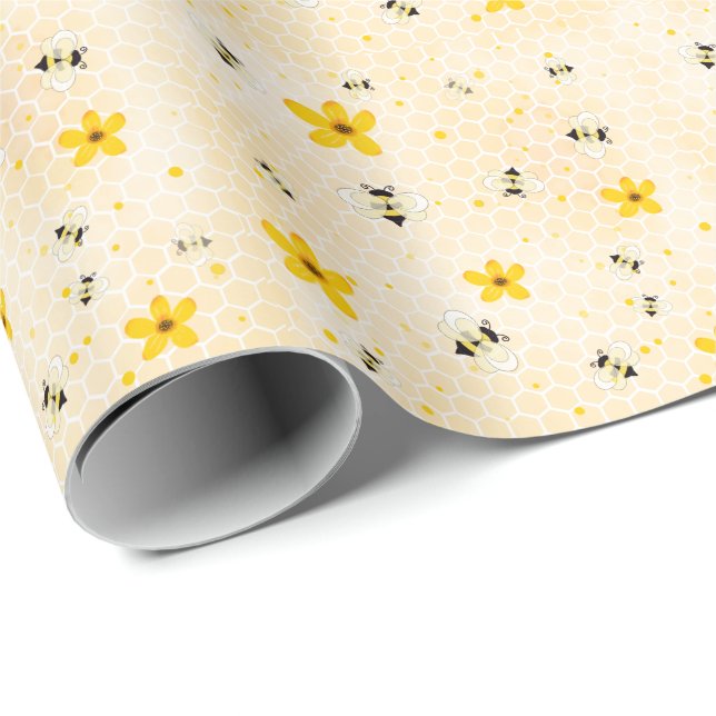Modern Spring Floral Bees Pattern Wrapping Paper (Roll Corner)