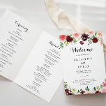 Modern Spring Floral Calligraphy Folded Wedding Programme<br><div class="desc">This modern spring floral calligraphy folded wedding program is perfect for a simple wedding. The hand-painted design features green leaves, dazzling pink, blush, purple, red, white and burgundy dazzling roses, peonies neatly arranged in small cute bouquets. Include a quote or short message, order of service, wedding party and thank you...</div>