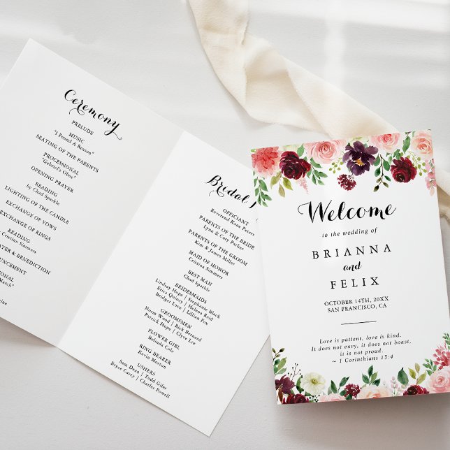 Modern Spring Floral Calligraphy Folded Wedding Programme (Creator Uploaded)