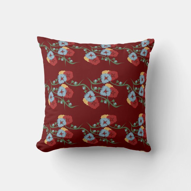 Modern Spring Floral Greenery Flowers Burgandy Cushion (Front)