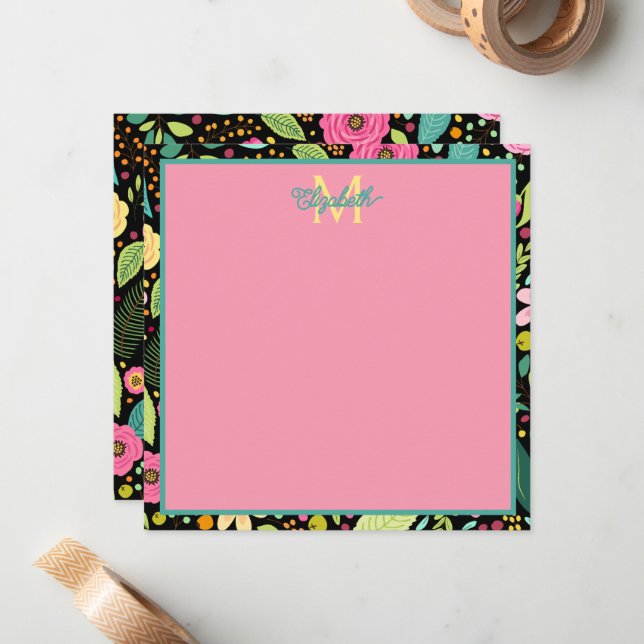 Modern Spring Flowers on Black Monogram Card (Front/Back In Situ)