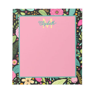 Modern Spring Flowers on Black Monogram Notepad