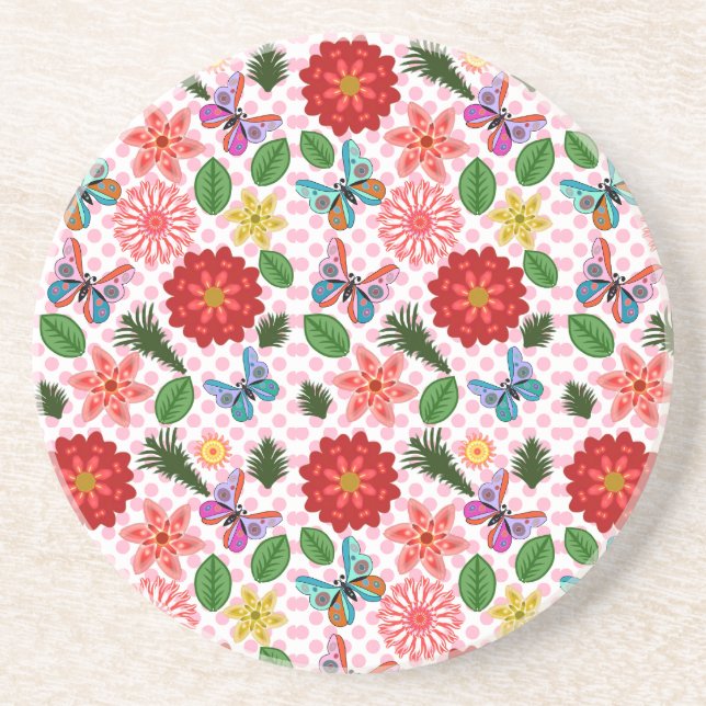 Modern Spring Garden Butterfly Floral  Coaster (Front)