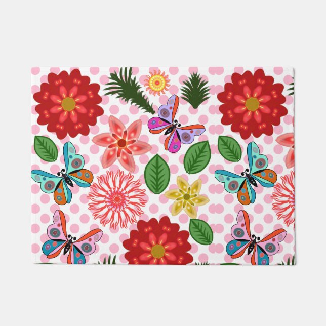 Modern Spring Garden Butterfly Floral  Doormat (Front)