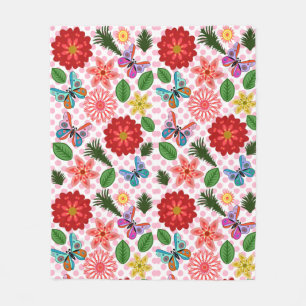 Modern Spring Garden Butterfly Floral  Fleece Blanket