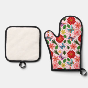 Modern Spring Garden Butterfly Floral  Oven Mitt & Pot Holder Set