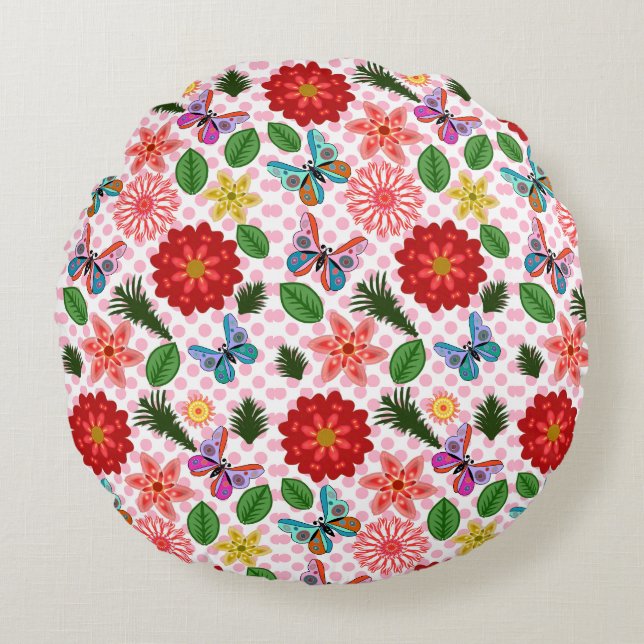 Modern Spring Garden Butterfly Floral  Round Cushion (Front)