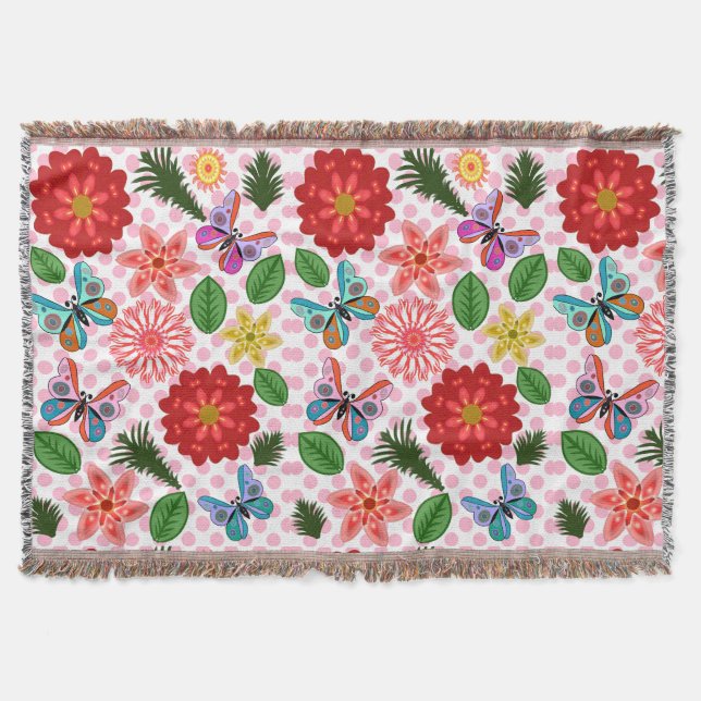 Modern Spring Garden Butterfly Floral  Throw Blanket (Front)