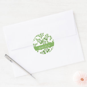 Modern Spring Green Botanical Pattern Leaves Name  Classic Round Sticker