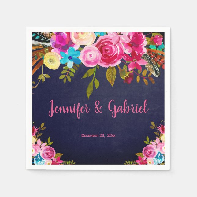 Modern Spring Pink Floral Navy Blue Wedding Napkin (Front)