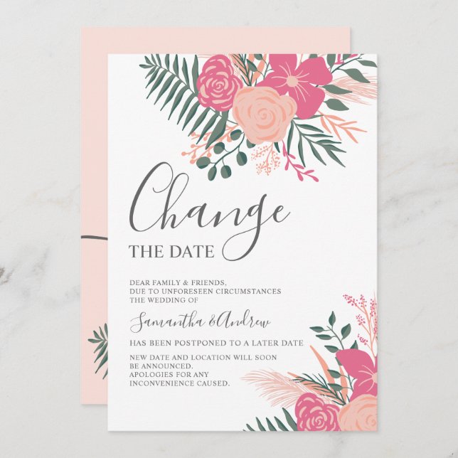 Modern spring pink green wedding change the date invitation (Front/Back)
