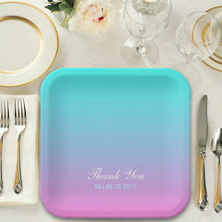 modern spring pink turquoise ombre wedding favour paper plate