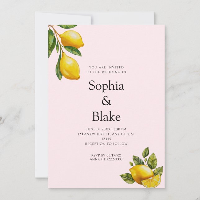 Modern Spring Themed Lemon Citrus Pink Wedding Invitation (Front)