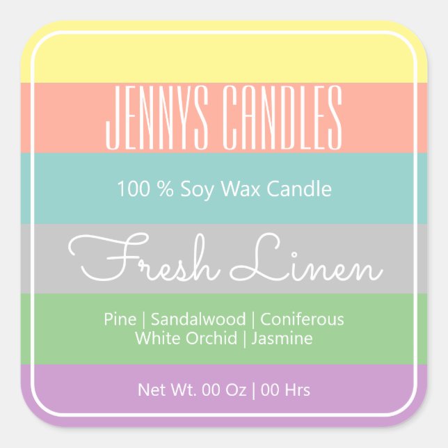 Modern Square Border Pastel Rainbow Stripes Candle Square Sticker (Front)
