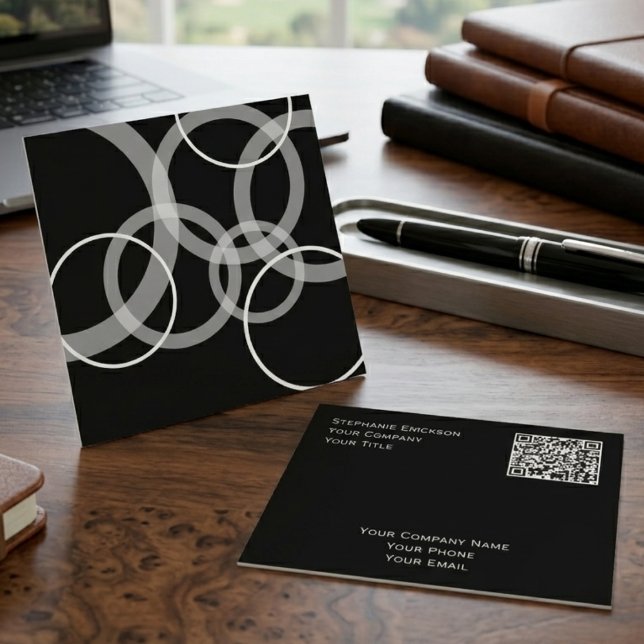 Modern Square Business Card with Geometric Circles (A minimalist black square business card with geometric circles for any networking professional.)
