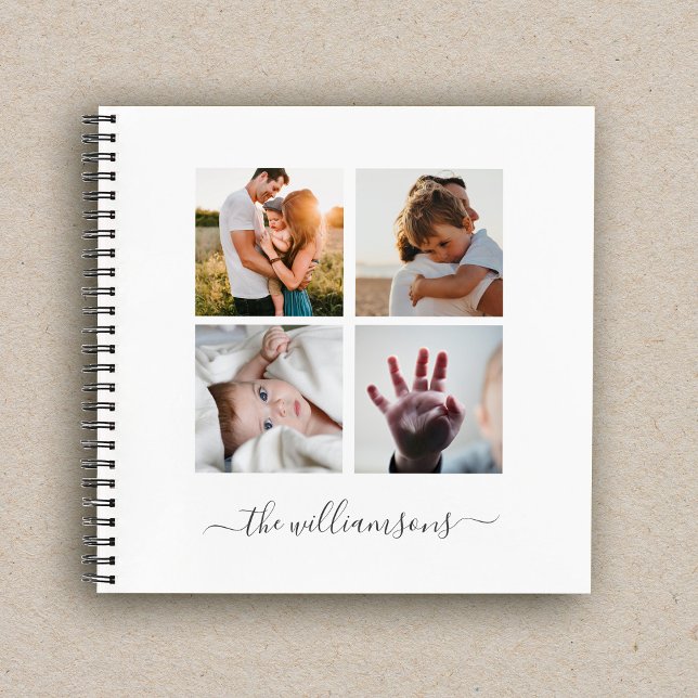 Modern  Square Family Multiple Photo Collage Notebook (A spiral book featuring 4 photos and custom text reading the family name laying on craft paper)